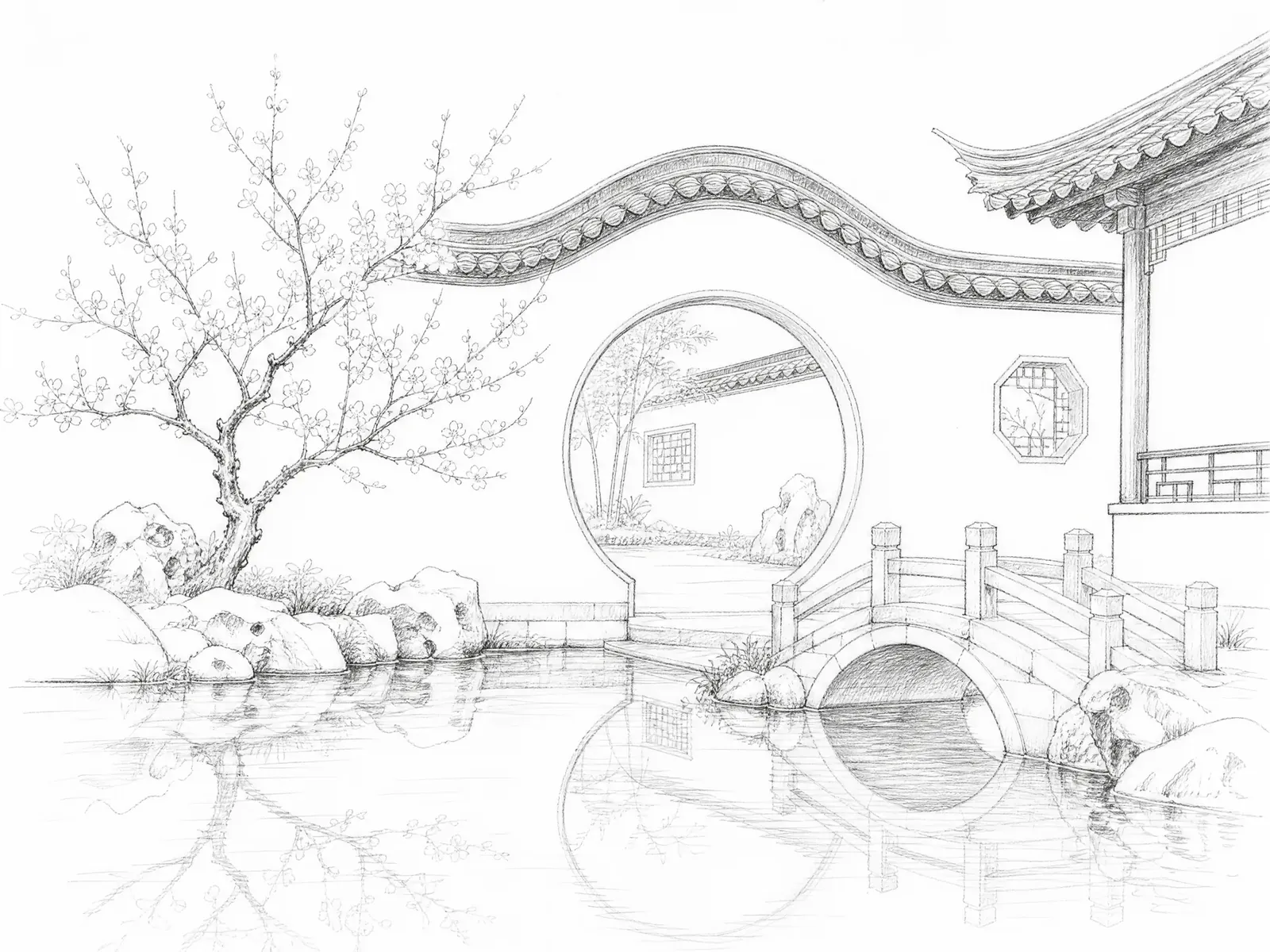 Pencil sketch of the same garden