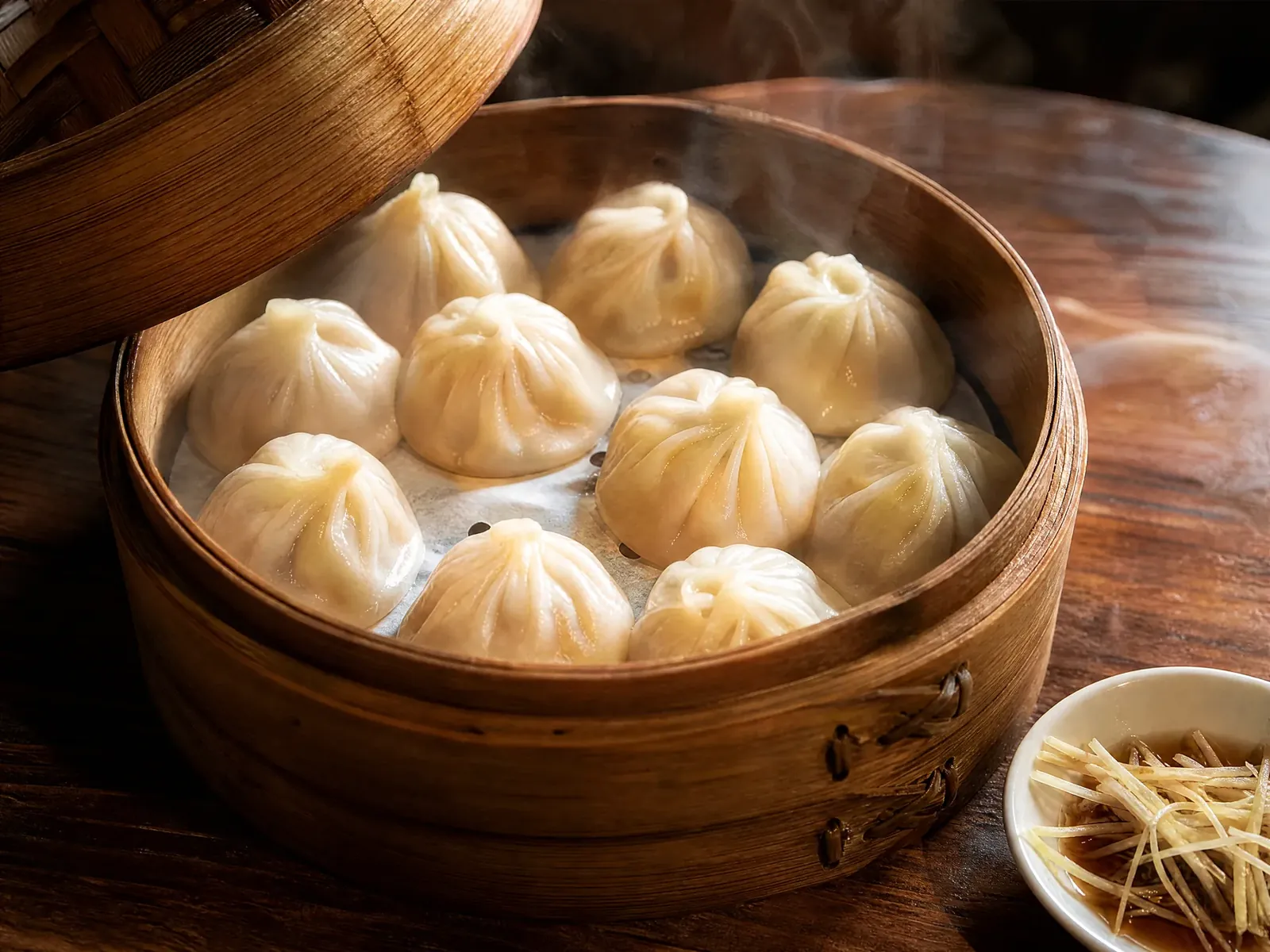 A freshly opened steamer of soup dumplings