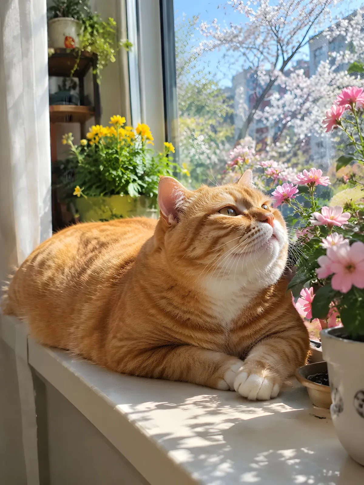 Ginger cat sunbathing on a flowering windowsill