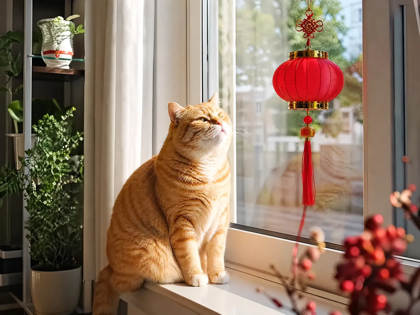 Ginger cat under a red lantern at the window for New Year