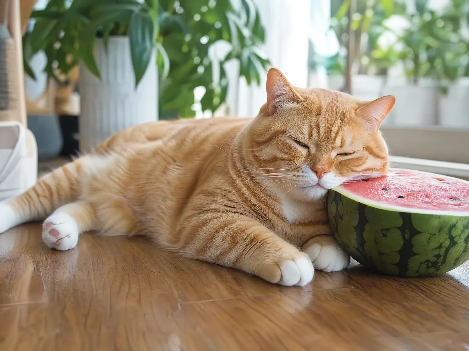 Ginger cat napping against a watermelon