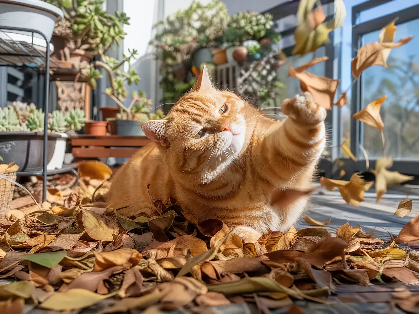 Ginger cat pouncing in autumn leaves on the balcony